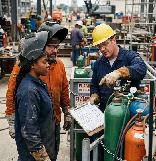 Site team reviewing a safety checklist beside gas cylinders
